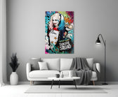 Harley Quinn close-up showing pigtailed heroine on Suicide Squad poster collage