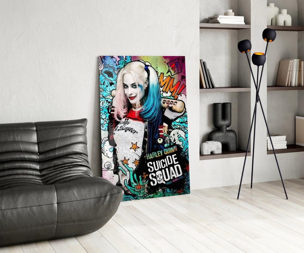 Harley Quinn panel adding editorial whimsy to a teen lounge