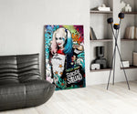 Harley Quinn panel adding editorial whimsy to a teen lounge