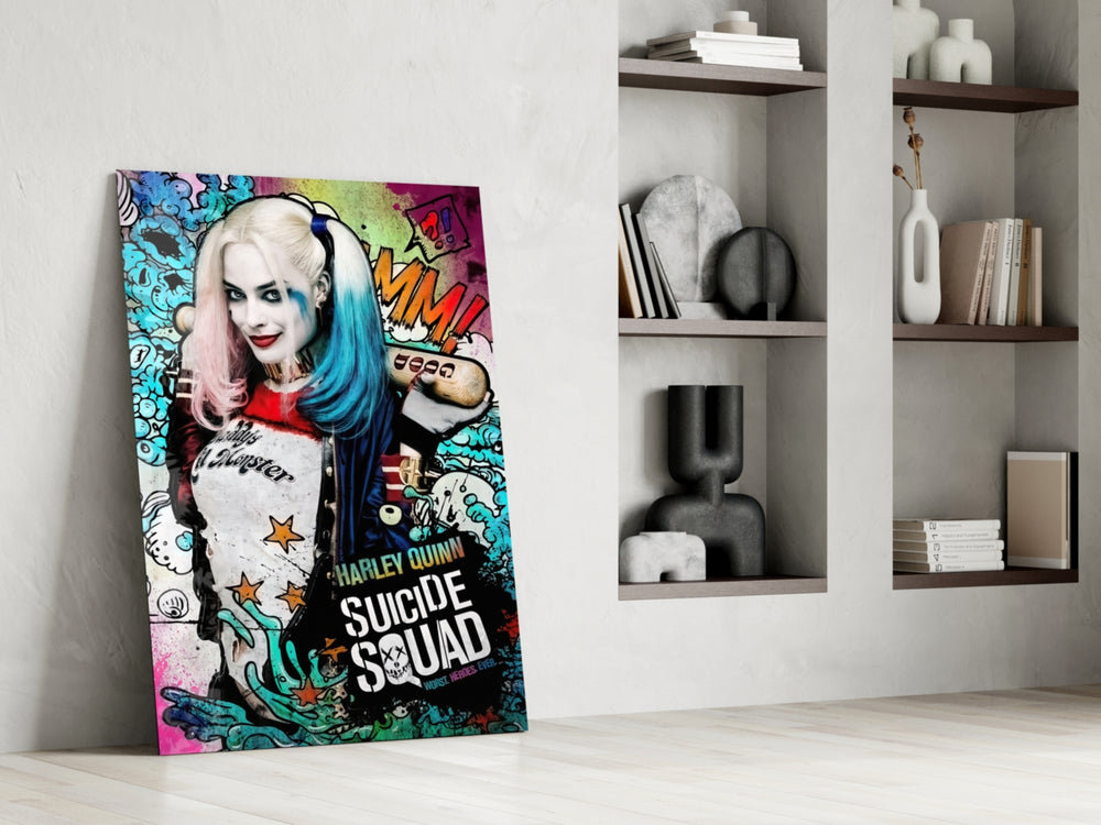 Harley Quinn glass print enhancing an office with cinematic drama