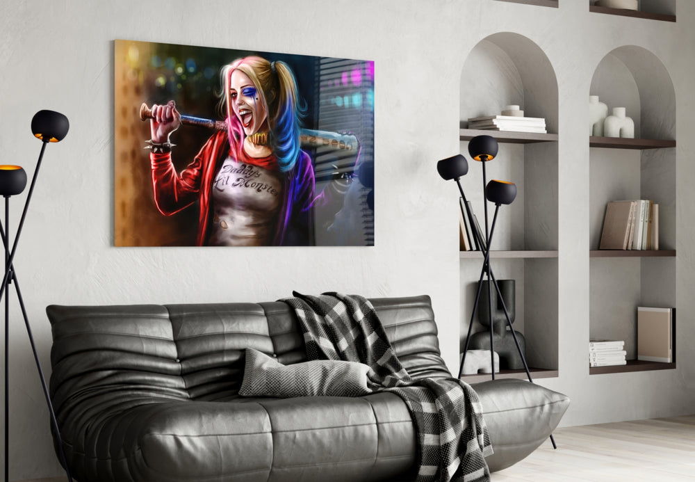 Harley Quinn glass wall art styled in a living room