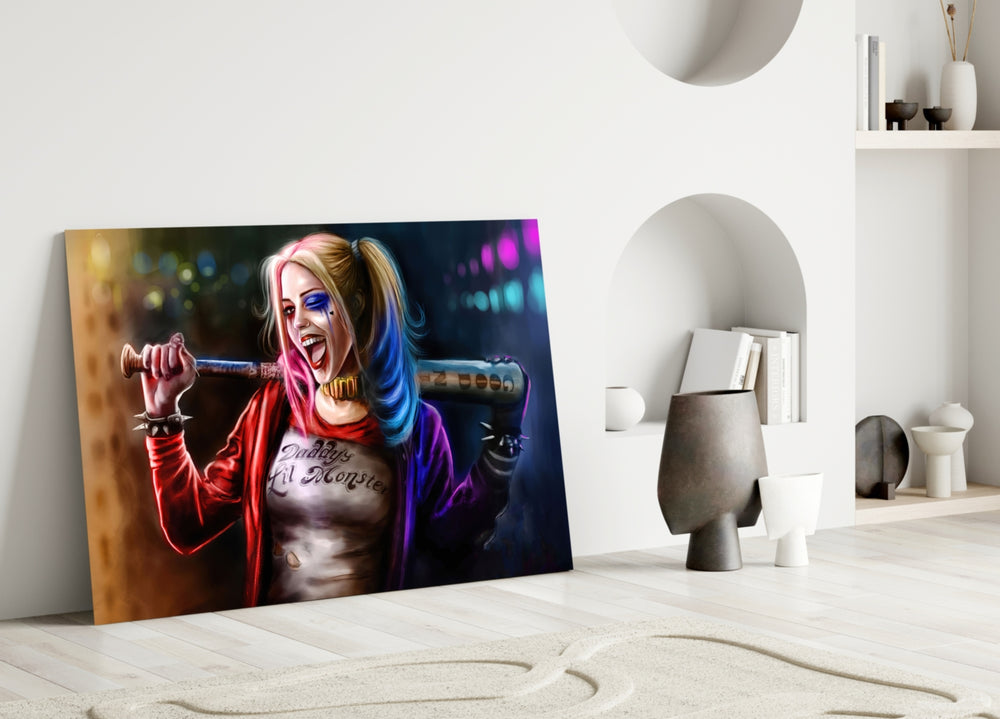 Harley Quinn close-up showing pigtailed heroine laughing with Good Night bat in neon bokeh