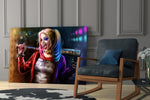 Harley Quinn glass print enhancing a teen lounge with cinematic mood