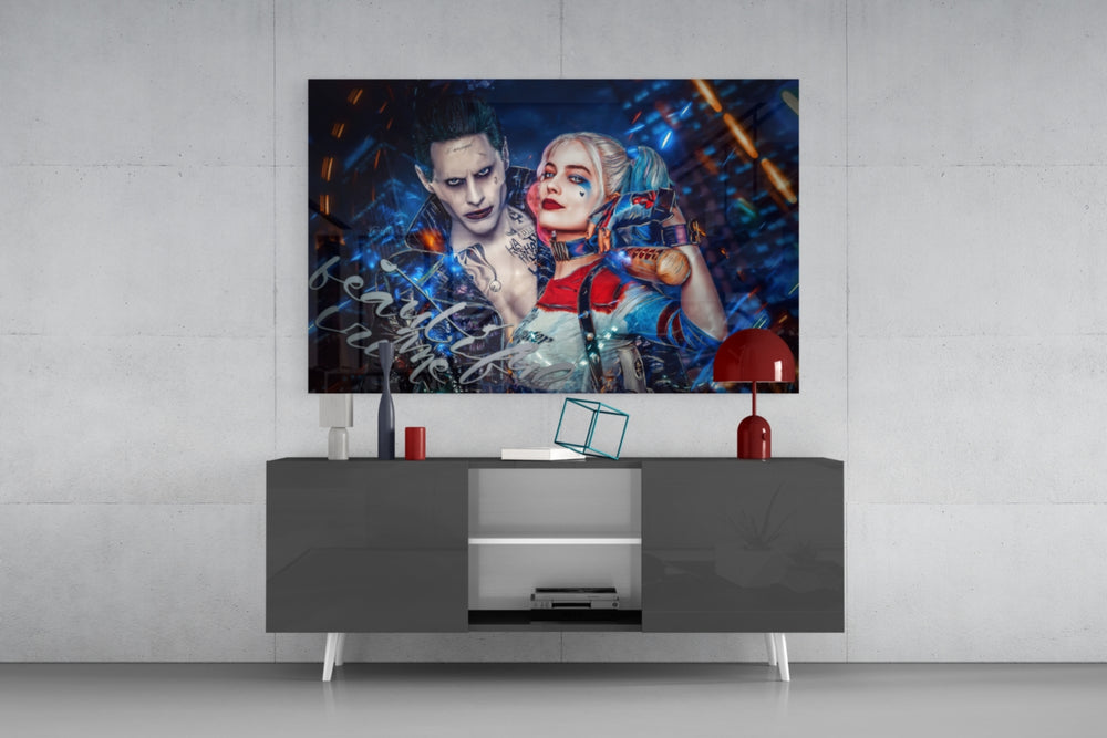 Harley Quinn and the Joker panel catching low light to reveal its electric saturation
