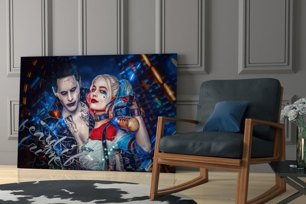 Harley Quinn and the Joker glass print enhancing a gaming room with cinematic mood