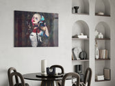 Harley Quinn panel adding editorial mood to a man cave