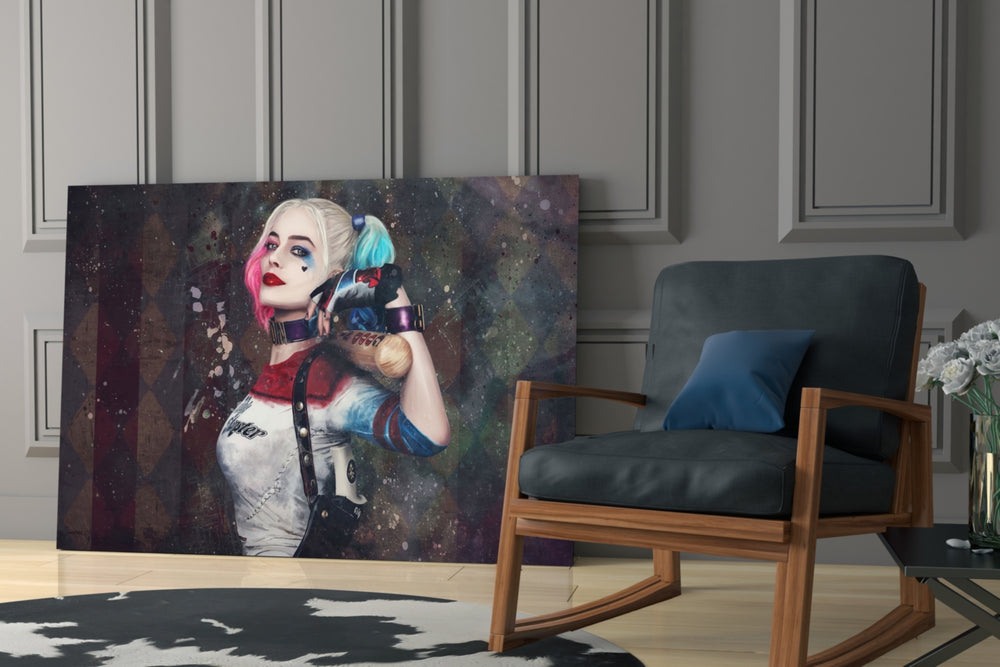 Harley Quinn glass print enhancing a gaming room with cinematic gravity
