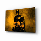 Batman glass wall art displayed above a leather chesterfield in a brick-walled home theater with reclaimed-wood console and projector screen