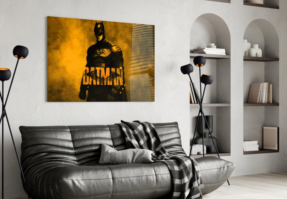 Batman glass wall art styled above a desk in a kids room