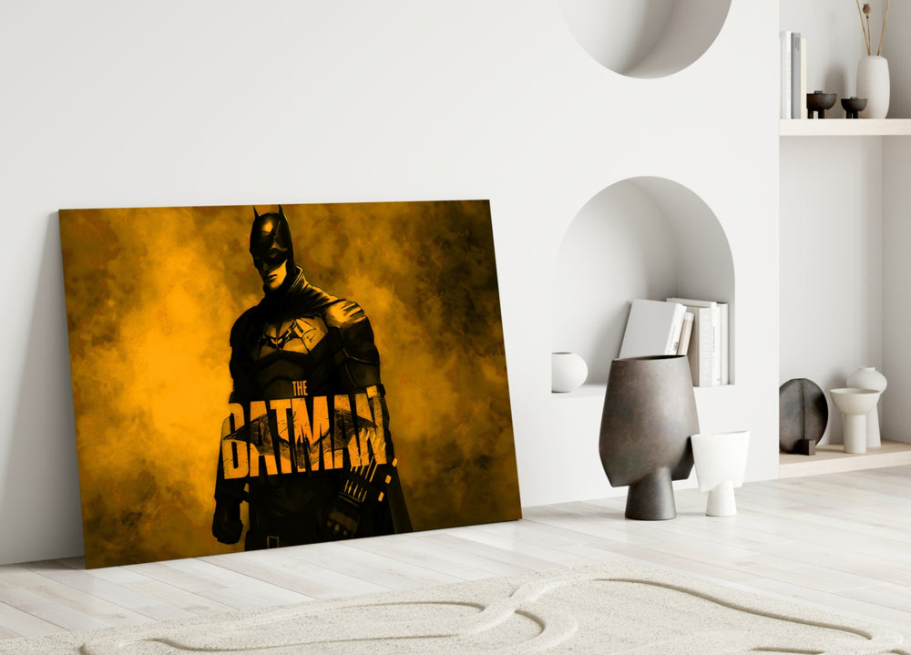 Batman close-up showing armored Dark Knight wreathed in amber smoke with title