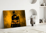 Batman close-up showing armored Dark Knight wreathed in amber smoke with title