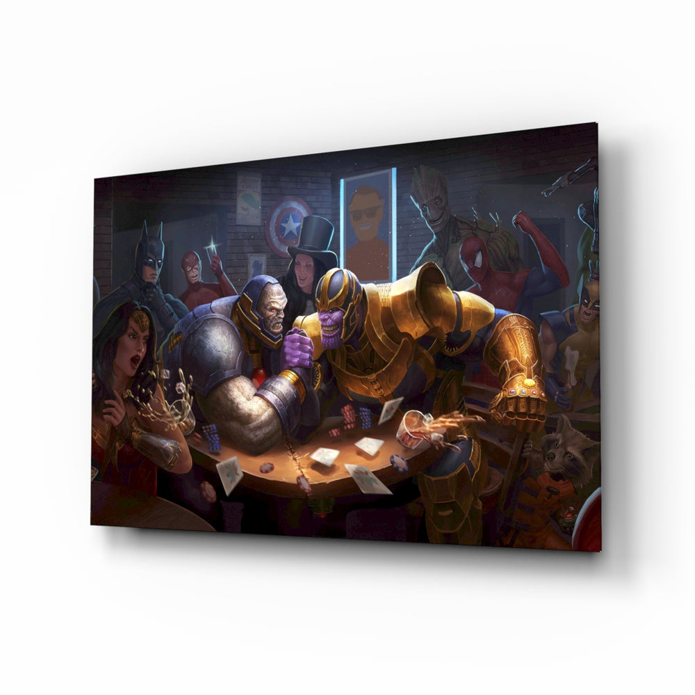 Marvel glass wall art displayed above a leather chesterfield in a brick-walled bar lounge with reclaimed-wood console and matte-black floor lamp