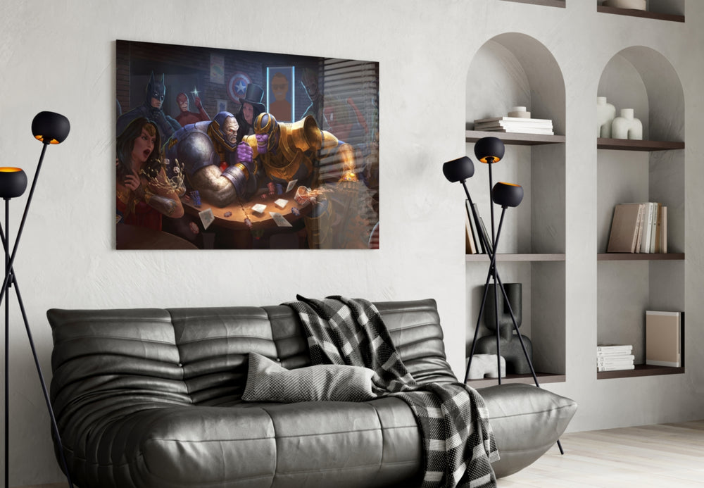 Marvel glass wall art styled above a desk in a kids room