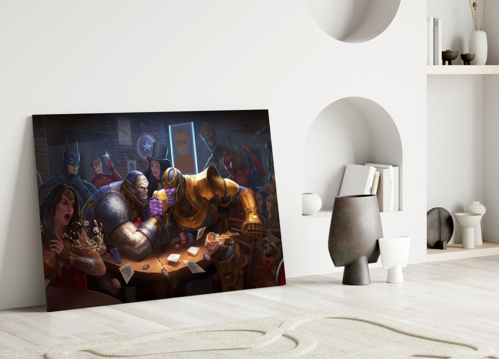 Marvel close-up showing Thanos and Darkseid arm-wrestling among heroes in dim bar