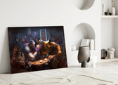 Marvel close-up showing Thanos and Darkseid arm-wrestling among heroes in dim bar