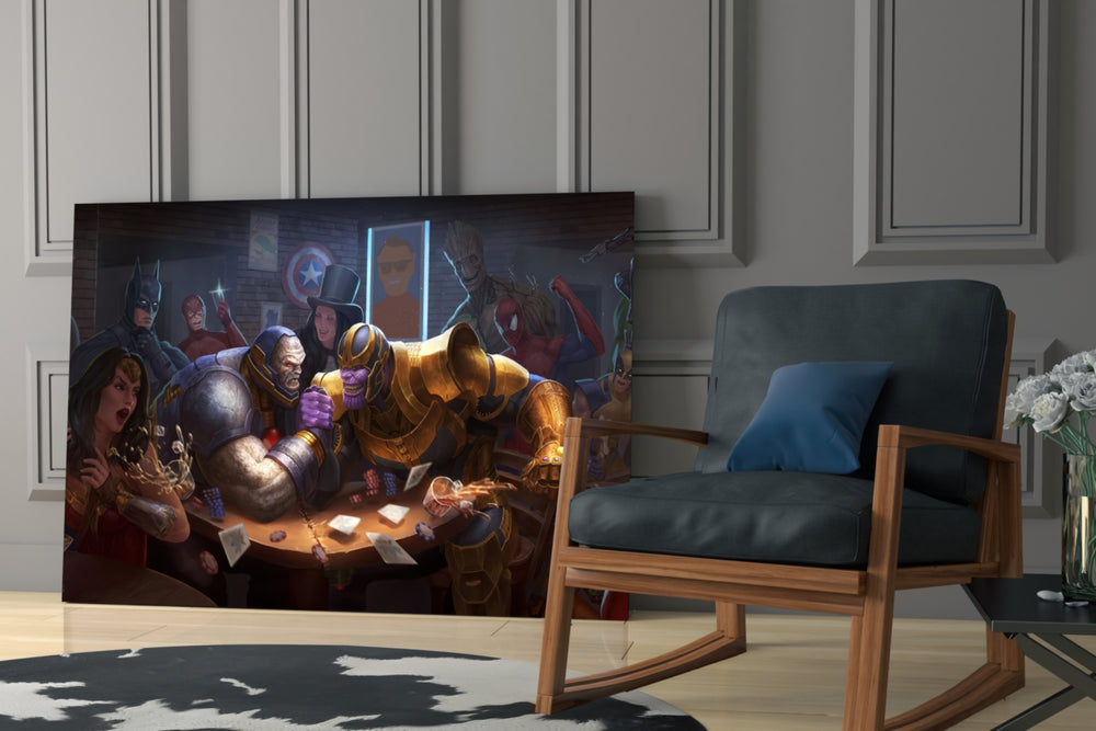 Marvel glass print enhancing a man cave with cinematic warmth