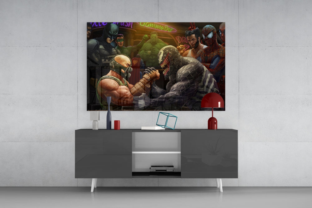 Venom vs Bane panel catching low light to reveal its tavern tension