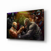 Venom vs Bane glass wall art displayed above a leather chesterfield in a brick-walled bar lounge with reclaimed-wood console and matte-black floor lamp