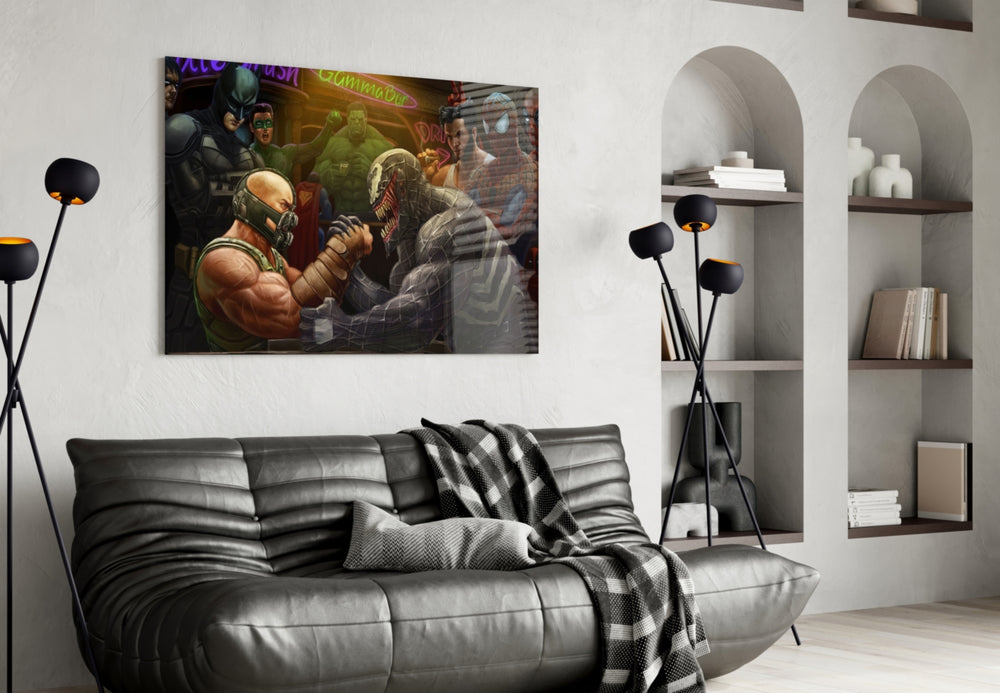 Venom vs Bane glass wall art styled above a desk in a kids room