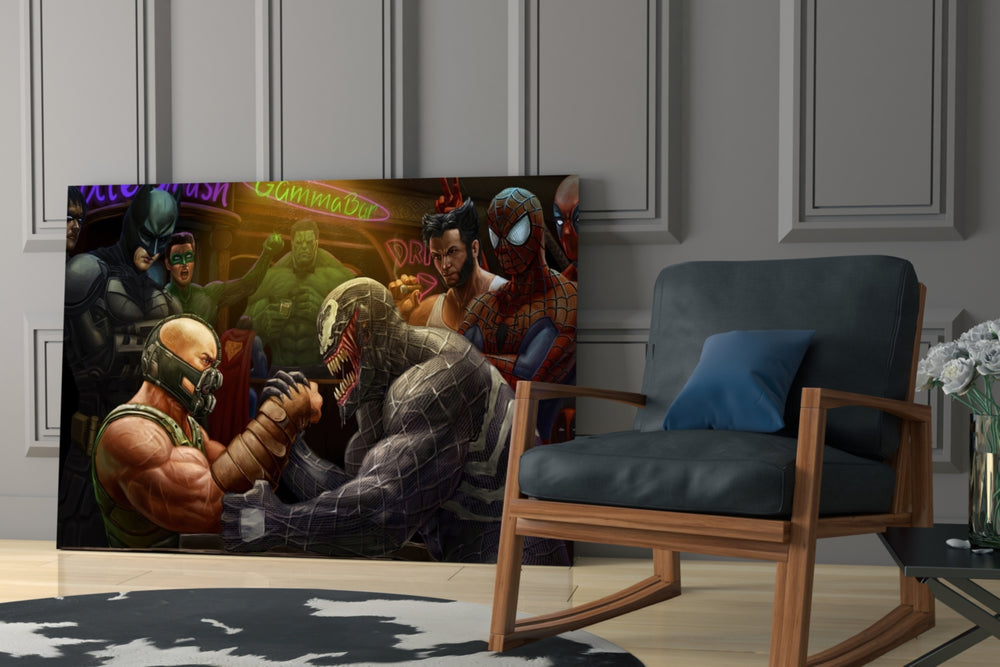 Venom vs Bane glass print enhancing a man cave with cinematic warmth