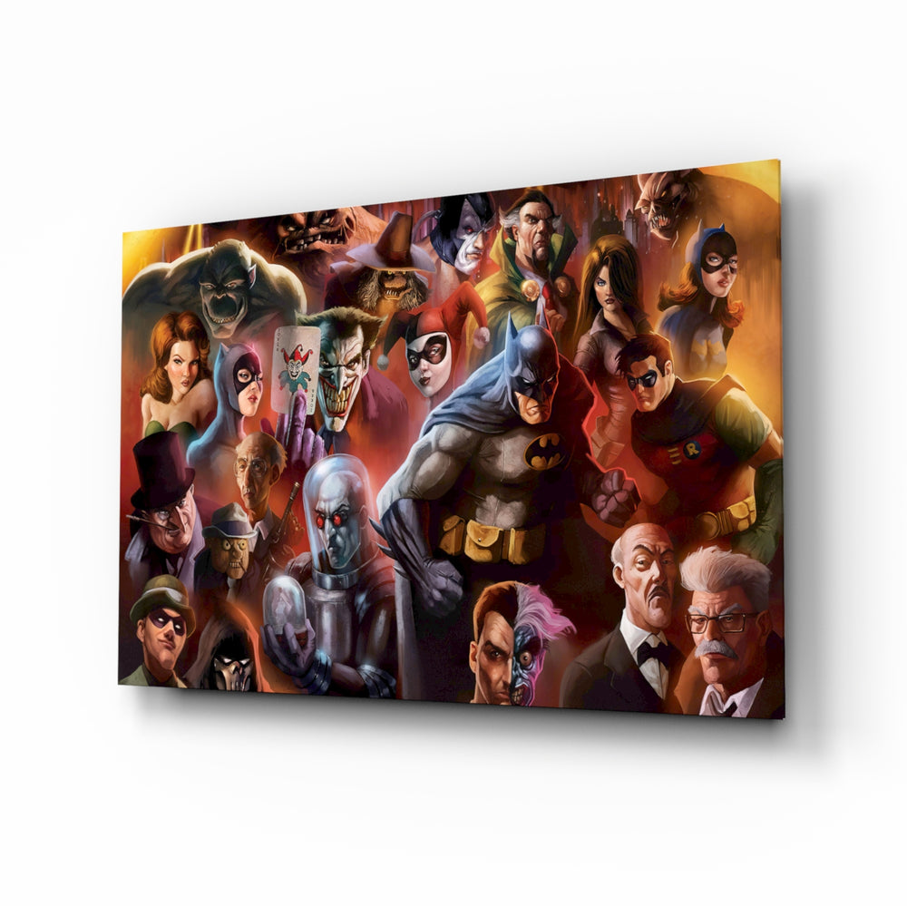 Batman and DC Characters glass wall art displayed above a leather chesterfield in a brick-walled man cave with reclaimed-wood console and matte-black floor lamp