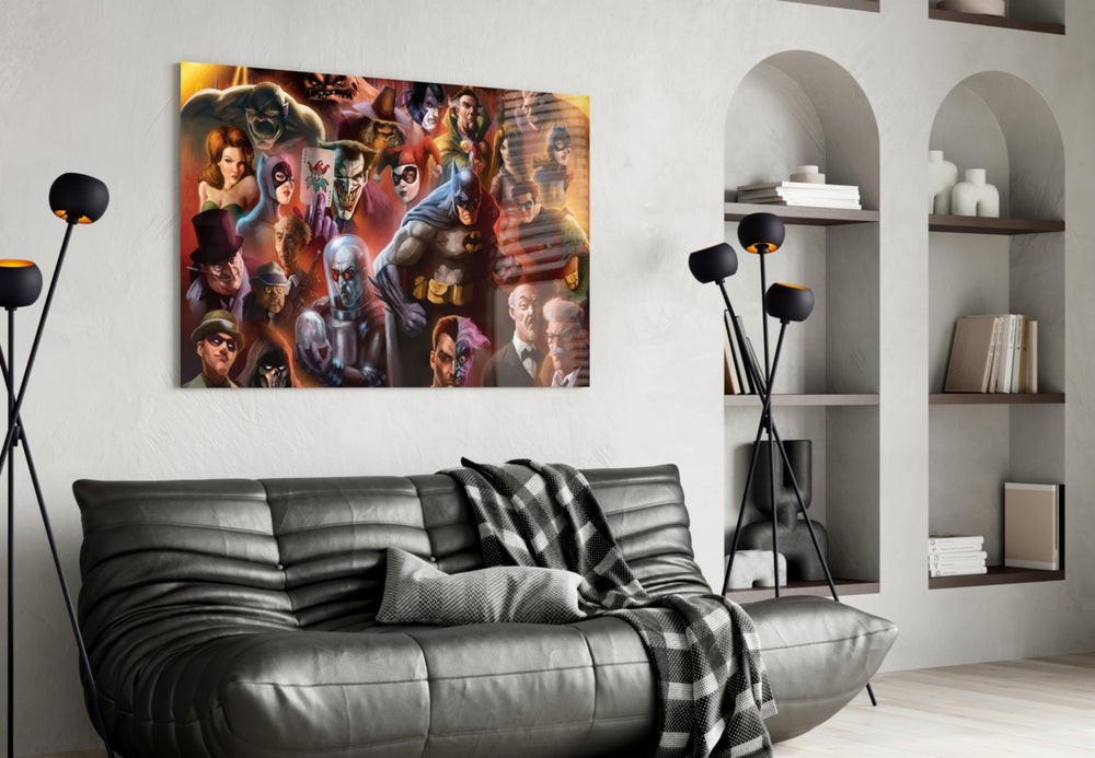 Batman and DC Characters glass wall art styled above a desk in a kids room