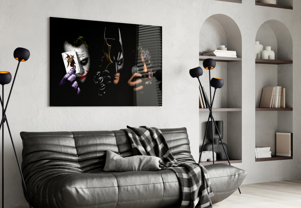 Batman Joker Harvey glass wall art styled above a sofa in a gaming room