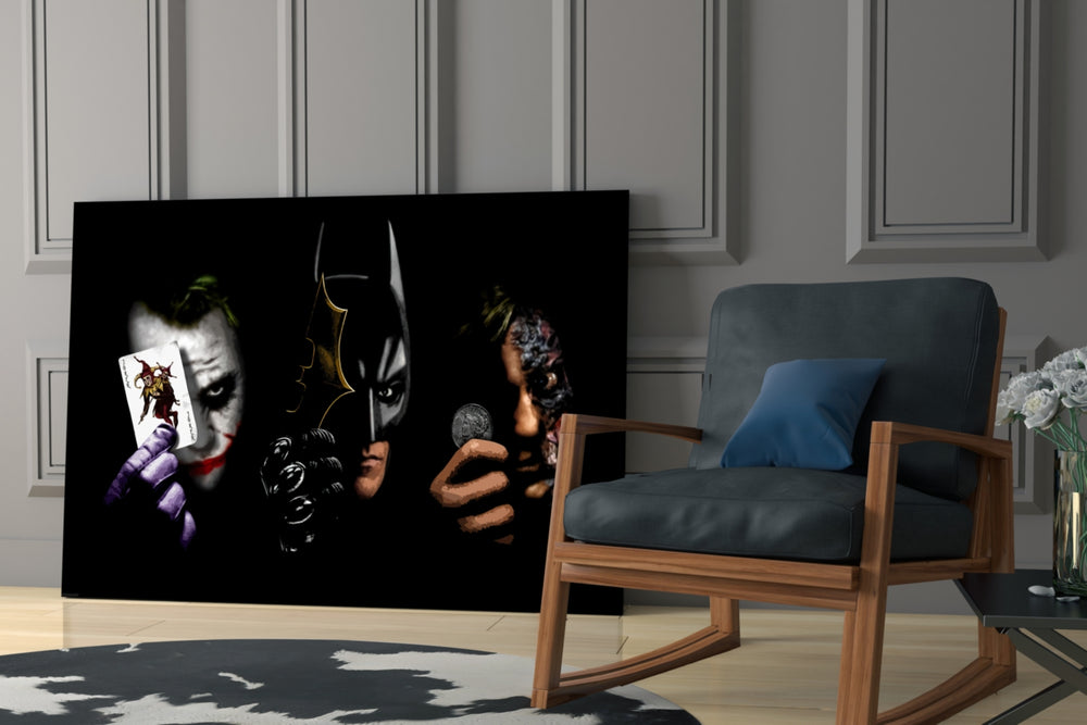 Batman Joker Harvey glass print enhancing a home theater with cinematic gravity