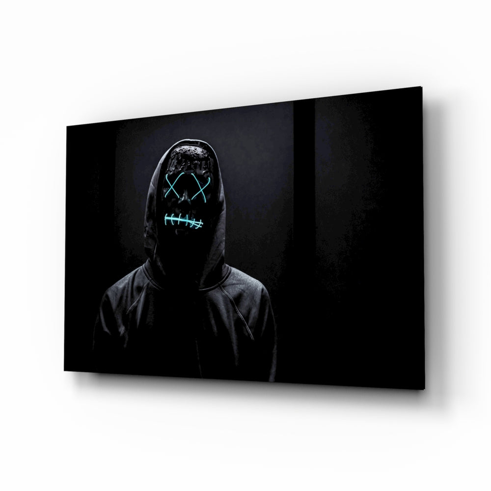 Hush and Sight glass wall art displayed above a black gaming sofa in a slate-walled lounge with neon arcade sign and matte-black coffee table