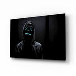 Hush and Sight glass wall art displayed above a black gaming sofa in a slate-walled lounge with neon arcade sign and matte-black coffee table