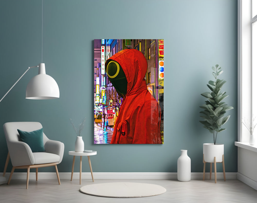 Squid Game glass wall art styled above a desk in a kids room