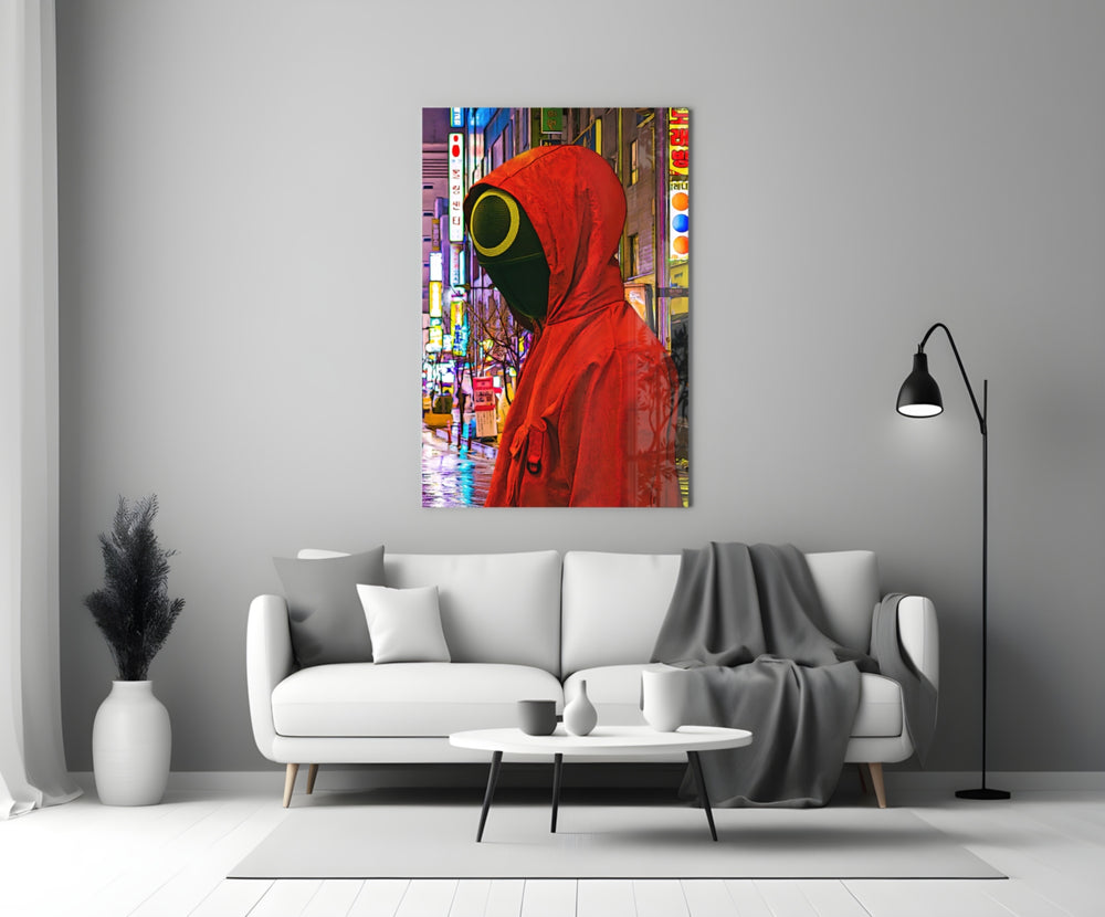Squid Game close-up showing scarlet-hooded guard with circle mask in Seoul neon