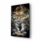 Tiger glass wall art displayed beside a leather chesterfield in a brick-walled man cave with reclaimed-wood console and matte-black floor lamp