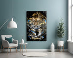 Tiger glass wall art styled above a desk in an office