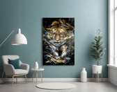 Tiger glass wall art styled above a desk in an office
