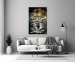 Tiger close-up showing striped head amid mustard cobalt brushstrokes