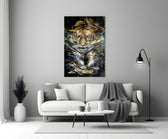 Tiger close-up showing striped head amid mustard cobalt brushstrokes