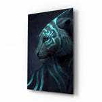 Neon Tiger glass wall art displayed above a black gaming sofa in a slate-walled lounge with neon arcade sign and matte-black coffee table