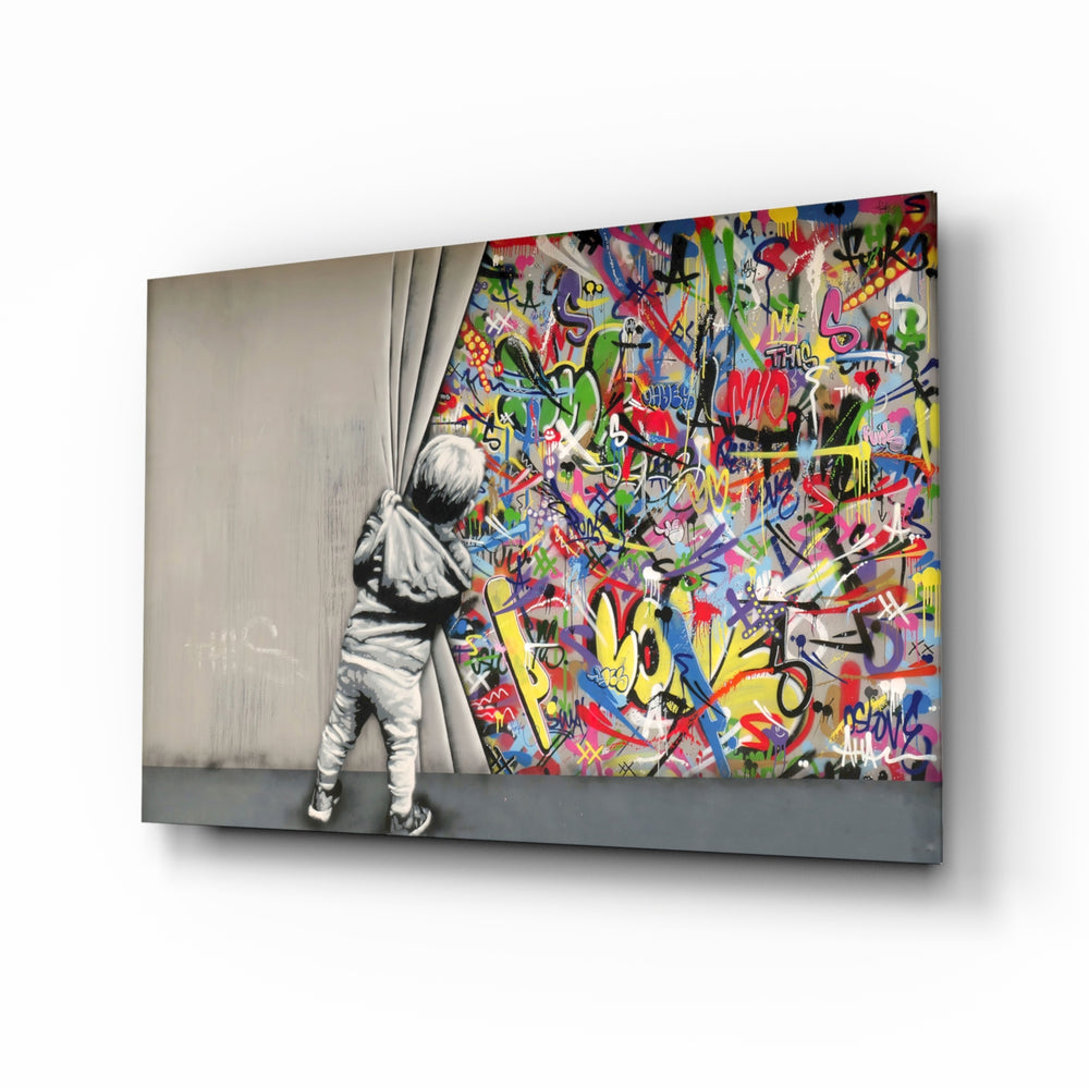 Behind the Curtain glass wall art displayed above a tan leather sofa in a chalk-walled lounge with reclaimed-wood coffee table and matte-black floor lamp