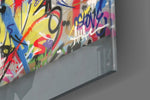 Behind the Curtain artwork anchoring a wall with bold conceptual palette