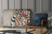 Behind the Curtain glass print enhancing a living room with cinematic mood