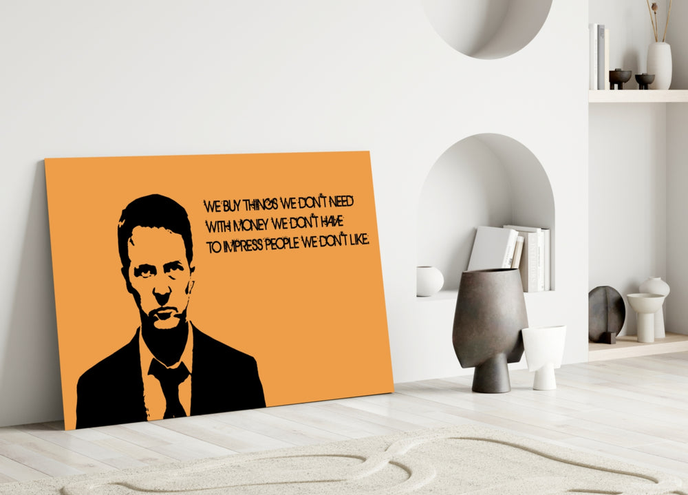 Fight Club close-up showing narrator silhouette beside Tyler Durden buy-things quote