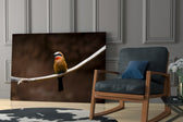 Bee Eater glass print enhancing a living room with cinematic warmth