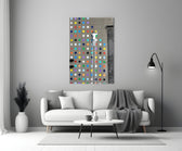 Dots close-up showing stenciled painter on tall ladder filling polka-dot wall