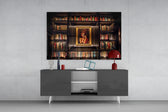 Bookshelf panel catching lamp glow to reveal its scholarly warmth