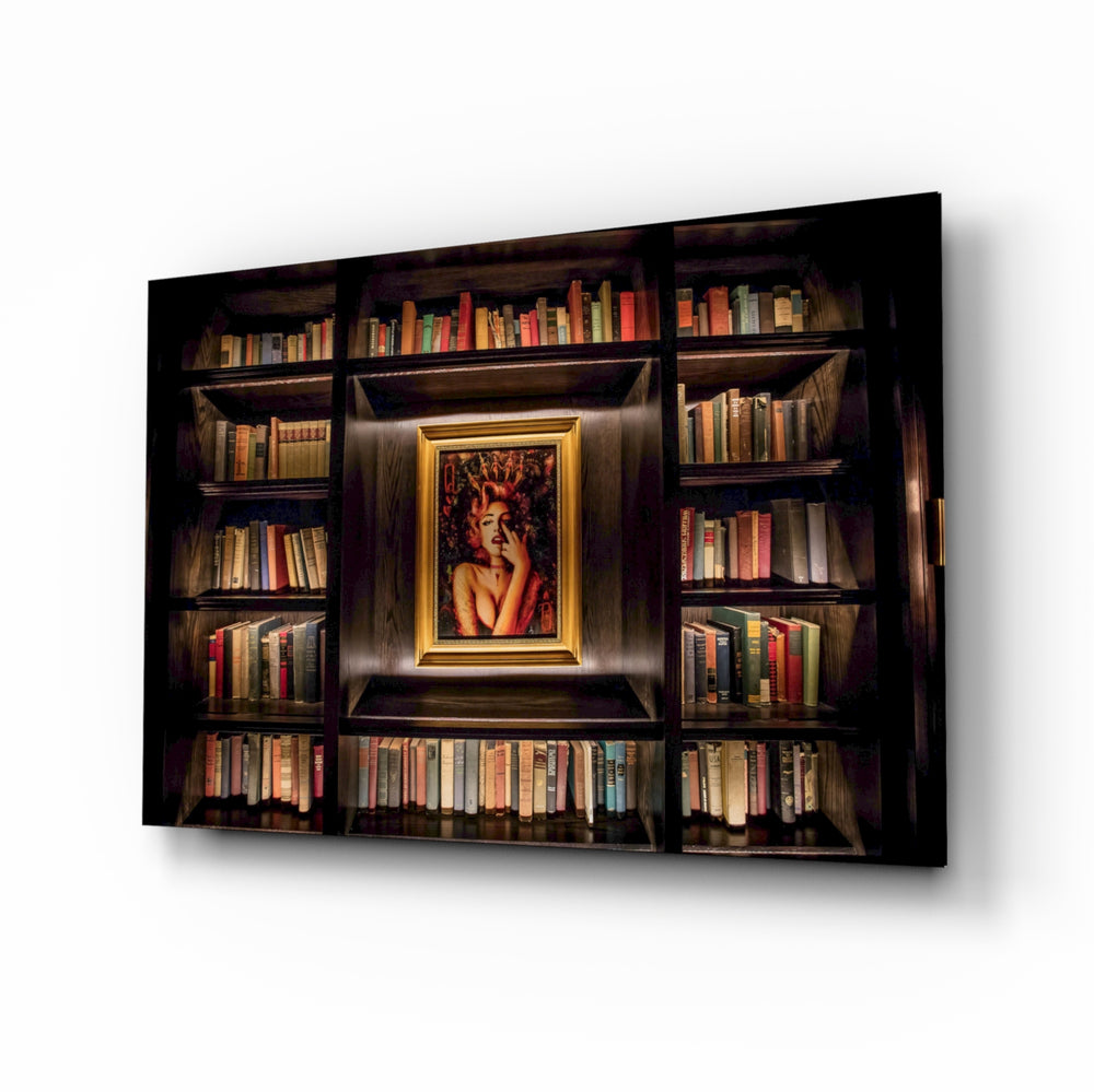 Bookshelf glass wall art displayed above a leather chesterfield in a mahogany-paneled library with brass desk lamp and antique books