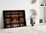 Bookshelf close-up showing gilt-framed Marilyn at center of vintage book stacks