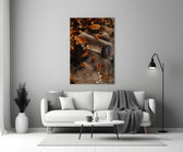 Autumn Picnic close-up showing burlap blanket with coffee pot kettle and fallen leaves