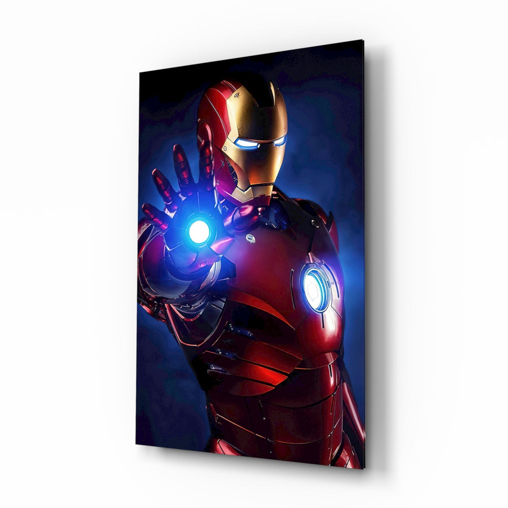 Iron Man glass wall art displayed beside a black gaming sofa in a brick-walled lounge with neon arcade sign and matte-black coffee table