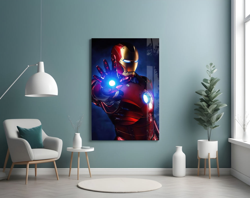 Iron Man glass wall art styled above a desk in a kids room